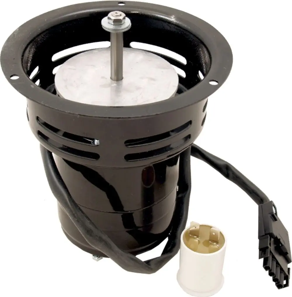 Motor für Abzugsventilator mit schwarzem Gehäuse und Kabelanschluss. Produkt von Wolf, geeignet für verschiedene Ventilatoranwendungen. Mechanische Bauweise sichtbar.